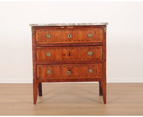 A LOUIS XV STYLE KINGWOOD AND MARBLE TOPPED COMMODE the grey marble with canted front corners, the chest with three long boxw