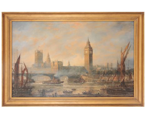 *RICHARD WILLIS (b.1924) 'The Houses of Parliament and Westminster Bridge' oil on board, signed lower right, 53cm x 80.5cm, t