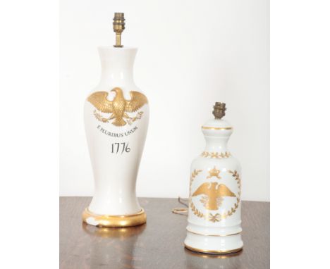 A LIMOGES PORCELAIN VASE LAMP decorated to the body in gilt with the Imperial eagle, marked to the base, 30cm high, together 