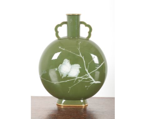 A 19TH CENTURY GREEN GLASS PATE SUR PATE MOON FLASK of Dr Christopher Dresser style, moulded in relief with butterflies and b