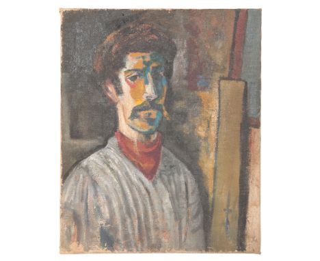 *JOYCE MORGAN (20th Century) A portrait of a man depicted bust-length in a studio interior, signed to the stretcher verso, oi