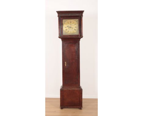 AN 18TH CENTURY OAK LONGCASE CLOCK BY WILLIAM GLOVER OF WORCESTER the 29cm brass dial with spandrels, subsidiary seconds and 