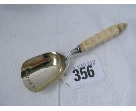 Gilt bowl caddy spoon with carved handle Birm 1888  by RT  12g        
