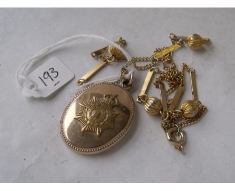 Gold back & front military locket on gilt metal chain  