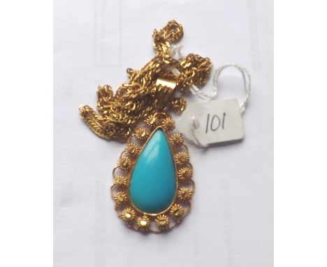 Gold mounted turquoise pendant & chain 16g inc   