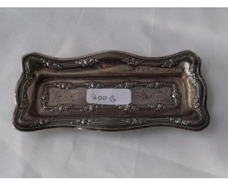 Shaped oblong pin dish embossed with flowers 5” wide  Birm 1908 by R & W  20g      