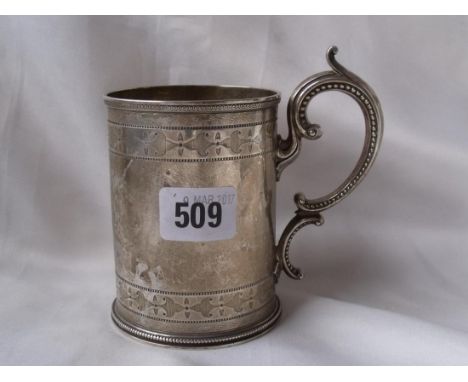 Victorian pint mug engine turned 5” over scroll handle  Lon 1869 by Barnards  240g      