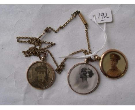 Three gold mounted glass locket on gold filled chain  