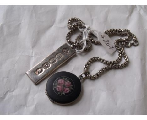 Silver ingot pendant also a white metal enamelled locket  on chain        
