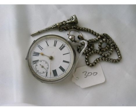 Silver pocket watch on metal chain with seal fob   