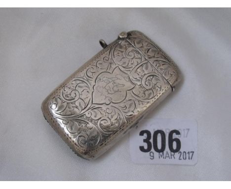 Large cushion shaped vesta case scroll engraved Birm  1908 by WHH 2” long  30g      