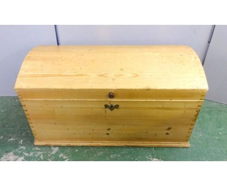 C19th Victorian Domed Top Pine Trunk with internal candle box, metal loop carrying handles 
