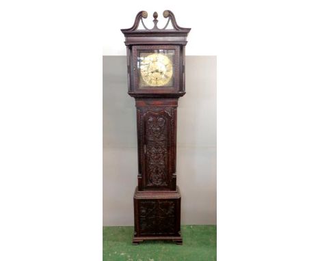 C18th Oak 8 Day Longcase Clock, 12" brass dial with cherub spandrels marked Carlisle Lowrie circa 1770, date aperture, steel 