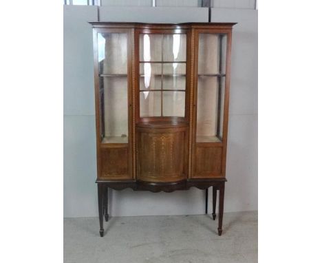 Late Victorian Inlaid Mahogany Tall Standing Display Cabinet on square tapering spade footed supports, centre bow fronted doo