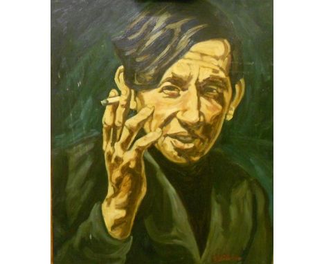 C20th Oil on Board Portrait Gentleman smoking cigarette, signed, approx. 18 1/2" x 22" 