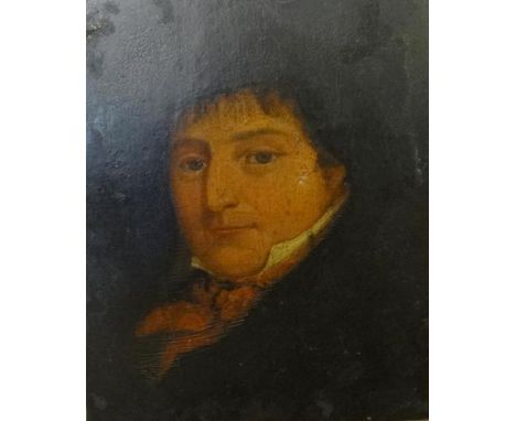 Early/Mid C19th Portrait Oil on Board Gentleman with high collar wearing orange cravat, unknown sitter & artist, approx. 11 3