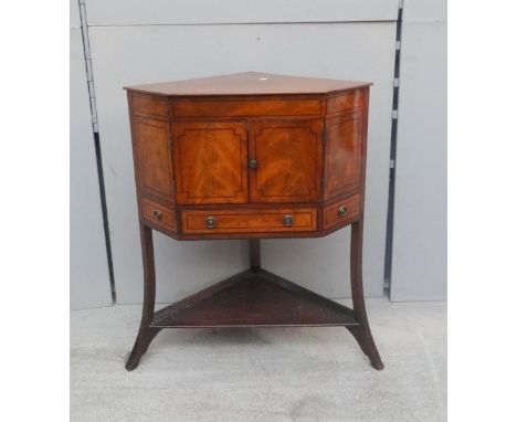 C19th Corner Washstand, on square section kicked-out supports with lower under shelf, frieze drawer with ebony stringing & ri