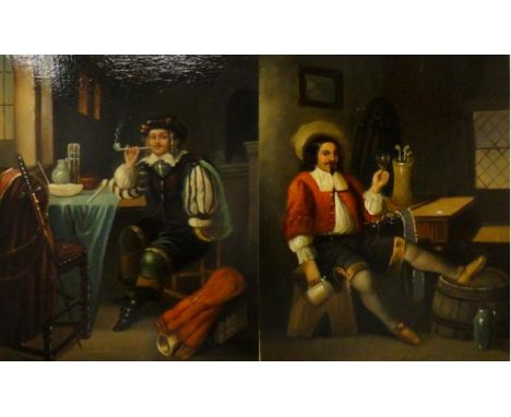 Pair Late C19th Dutch Oils on metal panels, C17th Carolean style interior inn scene with gentleman wearing red jacket drinkin