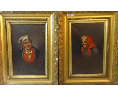 Pair Late C19th Dutch Oils on Canvas Study Elderly Lady wearing red hat & Gentleman Smoking Church Warden Pipe wearing white 