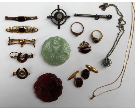 A modern "Jade" panel, carved with a bat, together with another hardstone panel and assorted costume jewellery including broo