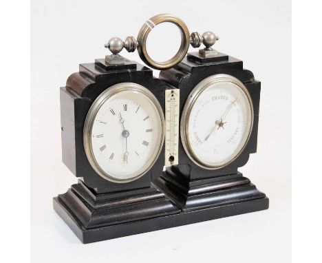 A late Victorian ebonised combination clock-barometer, the central ivory scale flanked by twin oval dials, the clock with Rom