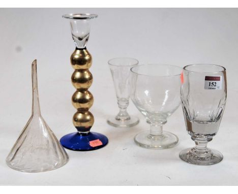 A 19th century cut glass rummer; together with two other glasses, a glass funnel, and a candlestick (5)