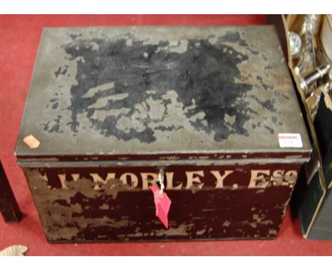 A 20th century tin trunk, painted Morley Esq, w.41cm