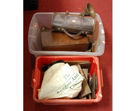 Two boxes of assorted tools, to include moulding planes, bowling woods, table lamps etc 