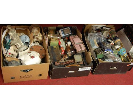 Three boxes of sundries, to include mixed ceramics, toys, trinket boxes, glass decanter etc 