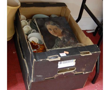 Two trays containing a quantity of mixed glassware and ceramics, to include Wedgwood, carnival glass, mid-20th century oil on