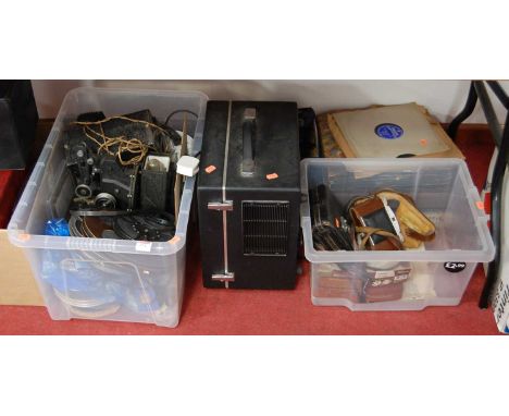 A large quantity of mixed camera equipment, reel-to-reel vintage telephones and records, to include an Agfa Isolette 2 camera