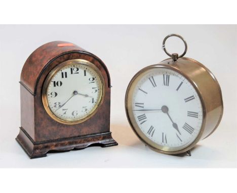 A lacquered brass cased drum clock having unsigned white enamel dial, dia. 13.5cm, together with a burr wood cased dome top m
