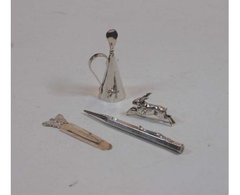 A modern Arts &amp; Crafts hammered silver conical candle-snuffer; together with a silver butterfly bookmark, a white metal m