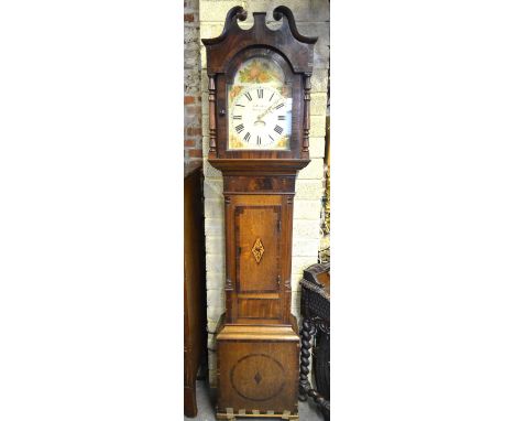 A 19th century rosewood, mahogany and oak longcase clock, the thirty hour movement with painted arched dial with date apertur