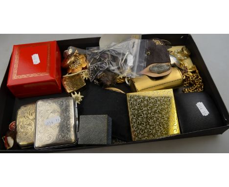 A mixed lot of vintage jewellery including shell cameos, 9ct yellow gold engraved fob watch, cigarette cases, silver ephemera