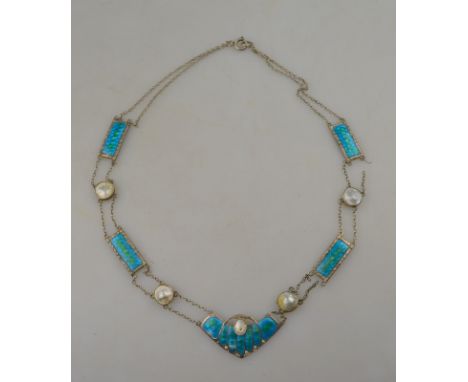 An Arts & Crafts silver blue/green enamel and blister pearl necklace in the manner of Archibald Knox Condition Report Enamel 