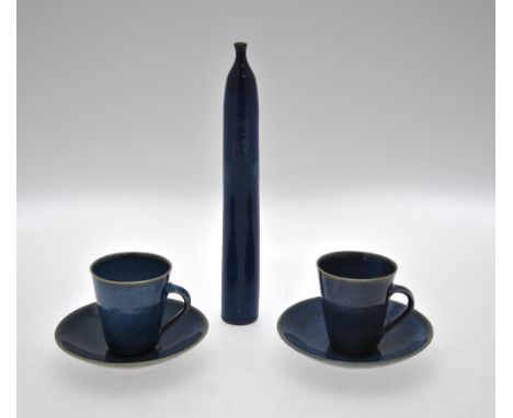 Rupet Spira (British b. 1960) - a pair of blue glazed coffee cans and saucers to/w a Tessa Fuchs (British b. 1936) cylindrica