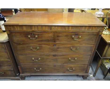 A George III mahogany shell motif inlaid chest of two short over three long graduated drawers with brass swan-neck fittings, 