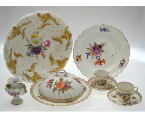 A mixed box of decorative Continental china including a Dresden fluted muffin dish and cover, two Dresden coffee cans and sau