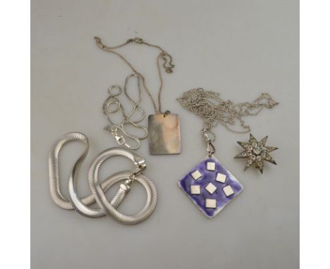 Various items of silver jewellery including two snake chain necklaces, Victorian paste set star brooch, enamel pendant on sil