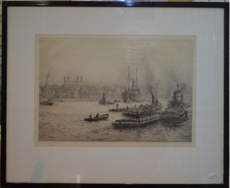 After William Lionel Wyllie (1851-1931) - View of the Thames from the Tower, drypoint etching, pencil signed to lower left ma
