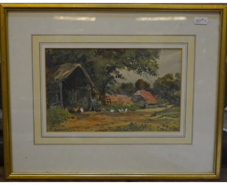 S Goodwin - A farmyard scene with chickens, watercolour, signed and dated 1914 lower left, 14 x 23 cm Condition Report Good c