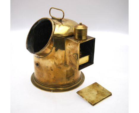 An antique nautical brass binnacle cased gimble framed compass with light box to the side, 25 cm high