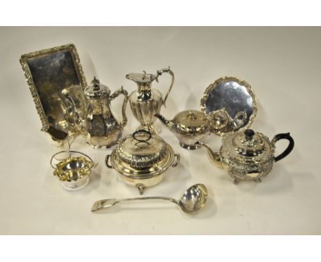 Two Victorian electroplated teapots, a coffee pot, hot water jug, hot-dish and cover, salver, soup ladle, jug, sugar basin an