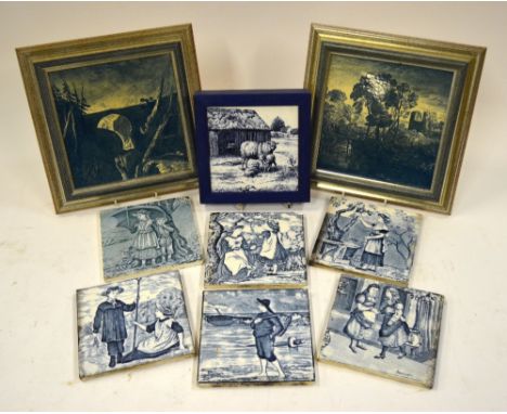 Six Victorian Wedgwood blue and white transfer decorated monthly tiles -January, April, May, June, September & November, 15.5