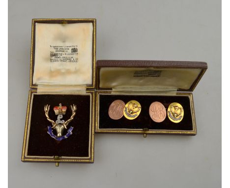 A 9ct gold enamel and diamond set Seaforth Highlanders Regimental brooch and a pair of 9ct gold oval panel and enamel cufflin