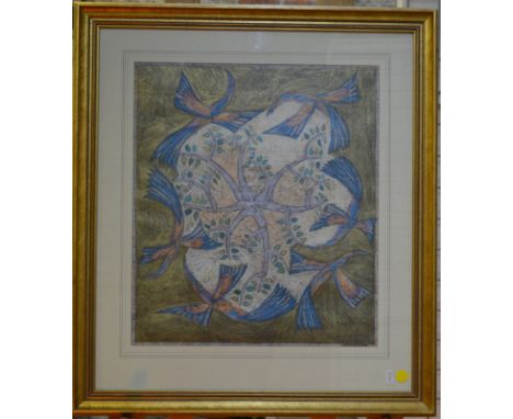 Yvonne Scales - 'Circulating Birds', wax and paint, signed lower right, 45 x 49 cm, Anna-Mei Chadwick gallery label to revers