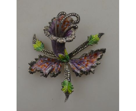 A large vintage polychrome enamel and marcasite Hibiscus brooch