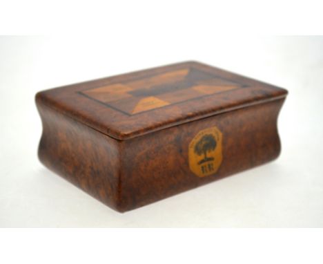A 19th century Scottish burr-wood snuff box, the cover inlaid with named sample veneers including 'Queen Mary's Yew', 'Thorn 