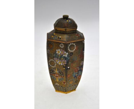 A Japanese cloisonne hexagonal vase and cover decorated with roundels of flower heads on a gilt ground, Meiji, 16 cm h. Condi